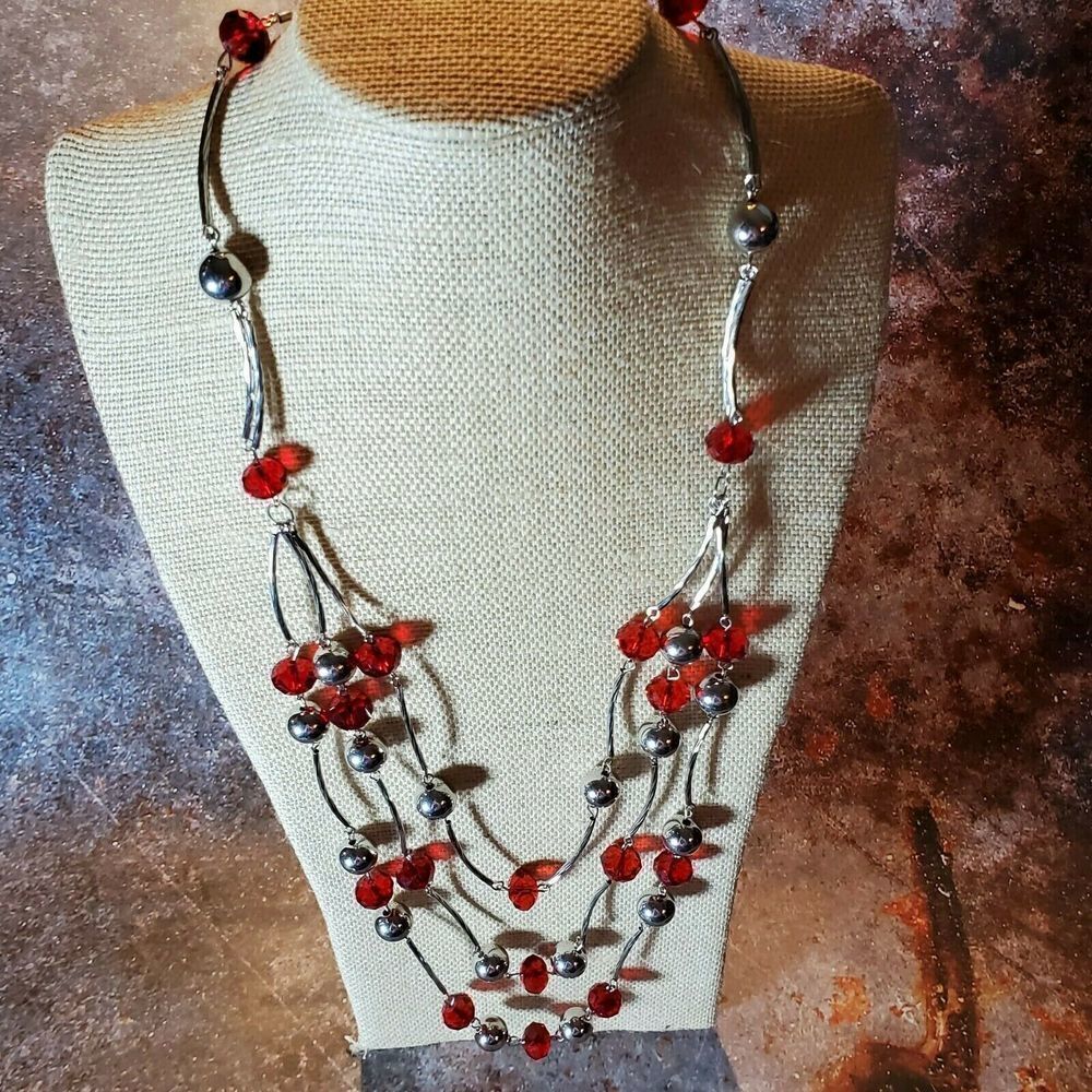 Handcrafted Art Deco Red Silver Draped Multistrand Glass Metal Beads Necklace - Picture 6 of 8
